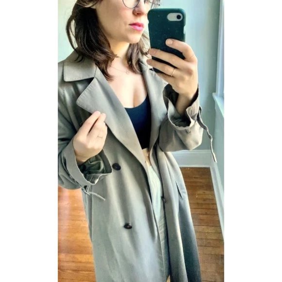 Vintage 90s London Fog Tan Gray Minimalist Staple Trench Maxi Coat 12 - Picture 3 of 8